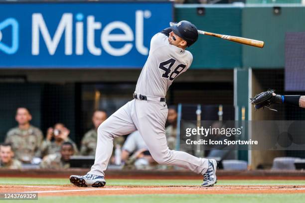 New York Yankees first baseman Anthony Rizzo hits a pop fly during the game between the Texas Rangers and the New York Yankees on October 5, 2022 at...