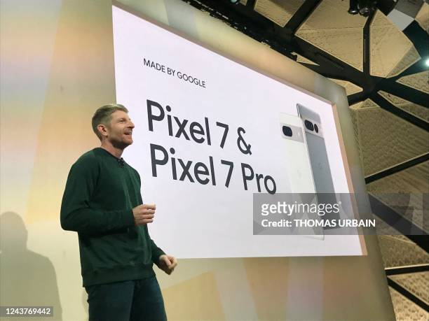 Brian Rakowski, Google Vice President of Product Management, speaks at the launch of the the Google Pixel 7 and Pixel 7 Pro phones in New York on...