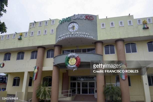 View of the bullet-ridden facade of the Municipality of San Miguel Totolapan's building, state of Guerrero, Mexico, on October 6, 2022. - Mexican...