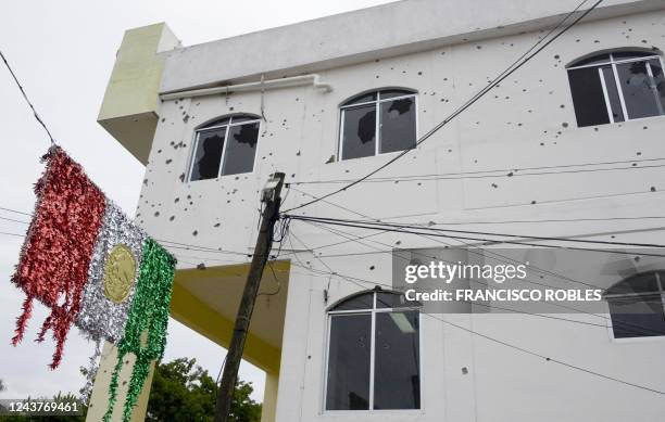 View of the bullet-ridden building of the Municipality of San Miguel Totolapan, state of Guerrero, Mexico, on October 6, 2022. - Mexican authorities...
