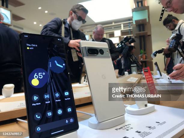 The Google Pixel 7 Pro phone is displayed at its launch in New York on October 6, 2022. - Once a minor player in the smartphone business, Google...
