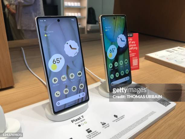 The Google Pixel 7 phone is displayed at its launch in New York on October 6, 2022. - Once a minor player in the smartphone business, Google...