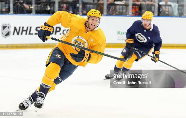 Mark Jankowski of the Nashville Predators participates in morning skate as the team prepares to face-off against the San Jose Sharks in the 2022 NHL...