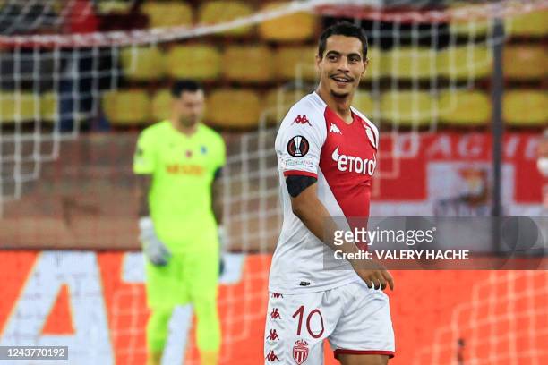 Monaco's French forward Wissam Ben Yedder celebrates after opening the scoring during the UEFA Europa League group H football match between AS Monaco...