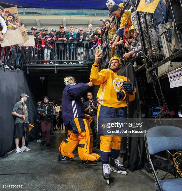 Roman Josi of the Nashville Predators takes a selfie after morning practice during the 2022 NHL Global Series Prague at O2 Arena on October 5, 2022...