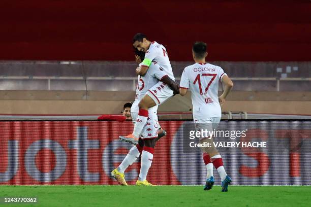 Monaco's French forward Wissam Ben Yedder celebrates with teammates after opening the scoring during the UEFA Europa League group H football match...