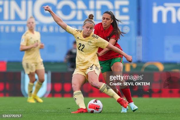 Belgium's Laura Deloose pictured in action during a soccer game between Portugal and Belgium's national team the Red Flames in Portugal on Thursday...