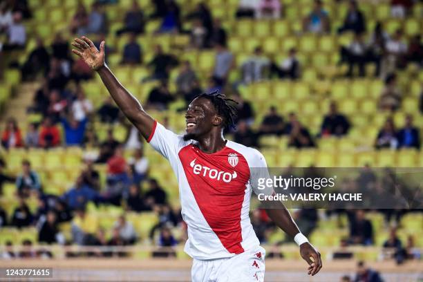Monaco's French defender Axel Disasi celebrates after scoring during the UEFA Europa League group H football match between AS Monaco and Trabzonspor...