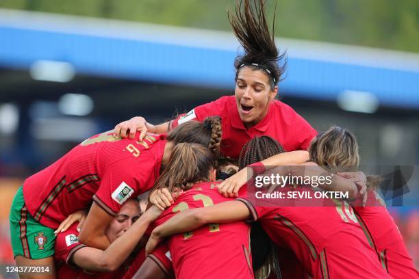 Portugal's players celebrates after scoring during a soccer game between Portugal and Belgium's national team the Red Flames in Portugal on Thursday...