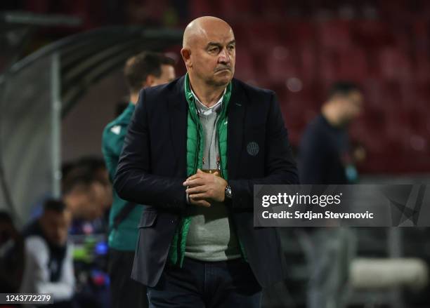 Head coach Stanislav Cherchesov of Ferencvarosi TC reacts during the UEFA Europa League group H match between Crvena Zvezda and Ferencvarosi TC at...