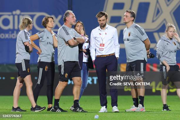 Belgian staff looks dejected after losing a soccer game between Portugal and Belgium's national team the Red Flames in Portugal on Thursday 06...