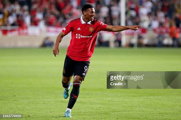 Manchester United's French striker Anthony Martial celebrates after scoring a goal during the UEFA Europa League group E football match between...