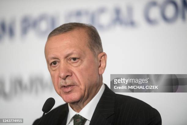 Turkish President Recep Tayyip Erdogan addresses a press conference during the Meeting of the European Political Community on October 6, 2022 in...