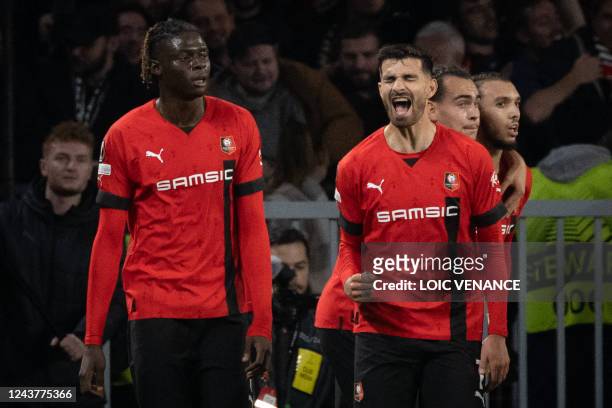 Rennes' French forward Martin Terrier celebrates after scoring during the UEFA Europa League group B football match between Rennes and Dynamo Kyiv at...