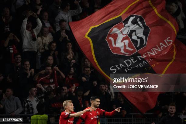 Rennes' French forward Martin Terrier celebrates after scoring during the UEFA Europa League group B football match between Rennes and Dynamo Kyiv at...