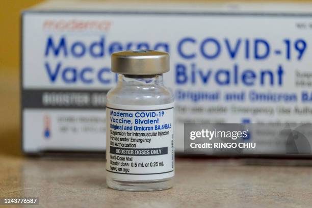 This photo shows a vial of the Moderna Covid-19 vaccine, Bivalent, at AltaMed Medical clinic in Los Angeles, California, on October 6, 2022.