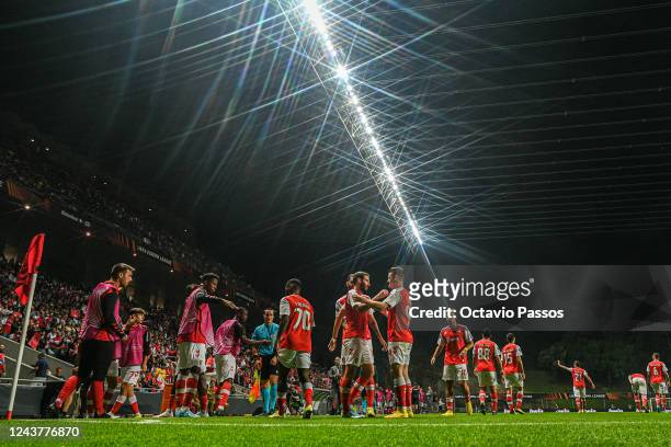 Abel Ruiz of Braga celebrates with teammates after scores his sides first goal during the UEFA Europa League group D match between Sporting Braga and...