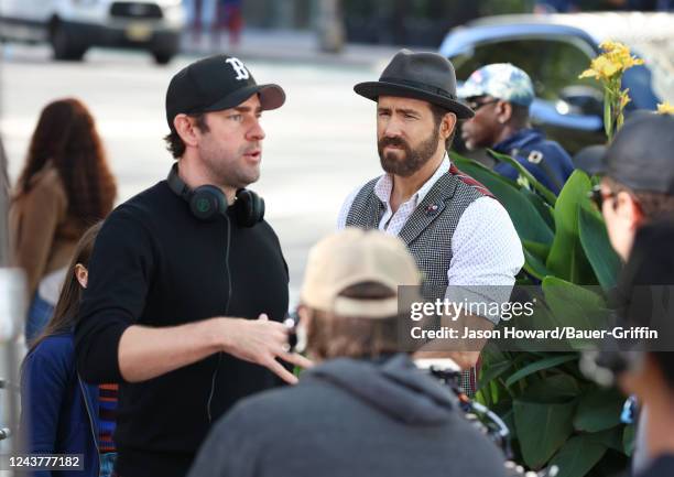 John Krasinski and Ryan Reynolds are seen on the set of "Imaginary Friends" on October 06, 2022 in New York City.