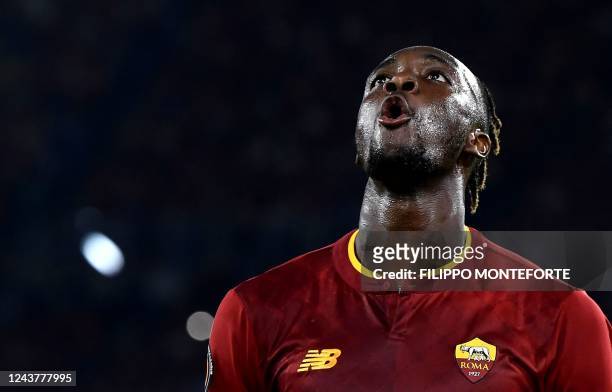 Roma's British forward Tammy Abraham reacts during the UEFA Europa League Group C football match between AS Roma and Real Betis at the Olympic...