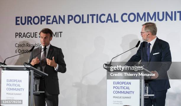 French President Emmanuel Macron the Czech Prime Minister, President of the Council Petr Fiala talk to the media at the end of the first European...