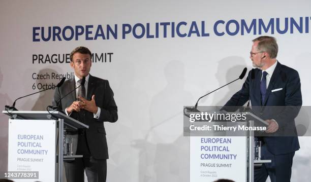 French President Emmanuel Macron the Czech Prime Minister, President of the Council Petr Fiala talk to the media at the end of the first European...