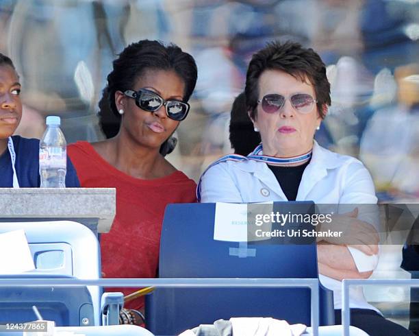 First Lady Michelle Obama and Billie Jean King attend the 2011 US Open at USTA Billie Jean King National Tennis Center on September 9, 2011 in New...