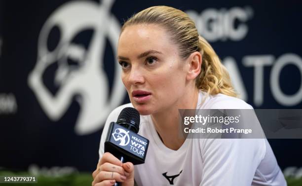 Tereza Martincova of the Czech Republic talks to the media after defeating Anett Kontaveit of Estonia in her second round match on Day 4 of the Agel...