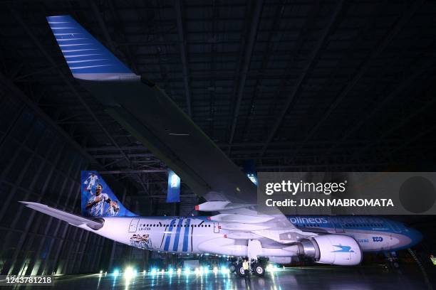 View of the Aerolineas Argentinas Aribus A330-200 airplane plotted with pictures of members of the Argentine national football team during its...