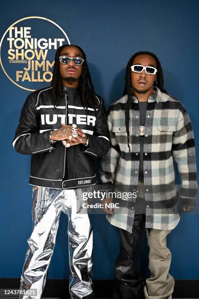 Episode 1725 -- Pictured: Musical guests Quavo and Takeoff pose backstage on Thursday, October 6, 2022 --