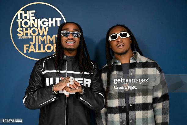 Episode 1725 -- Pictured: Musical guests Quavo and Takeoff pose backstage on Thursday, October 6, 2022 --