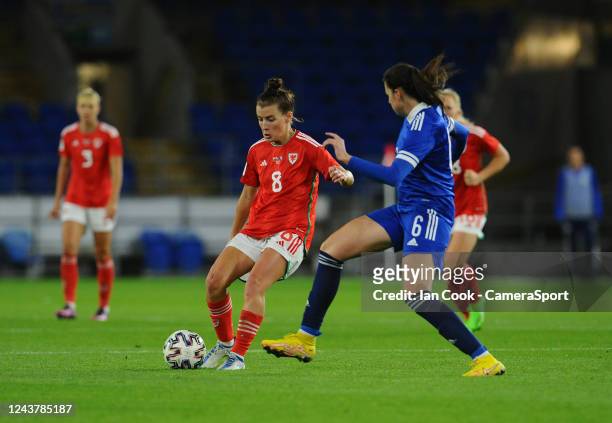 Wales's Angharad James is closed down by Bosnia-Herzegovina Marija Milinkovic during the 2023 FIFA Women's World Cup play-off round 1 match between...