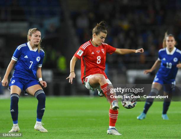 Wales's Angharad James during the 2023 FIFA Women's World Cup play-off round 1 match between Wales and Bosnia and Herzegovina at Cardiff City Stadium...