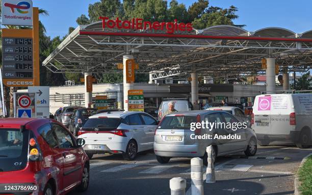 Drivers lining up as they wait at a TotalEnergies gas station in Nice, France on October 07, 2022.