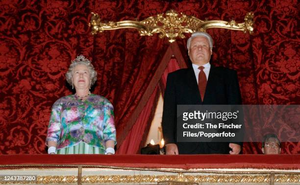Queen Elizabeth ll alongside President Boris Yeltsin of Russia attending the ballet Giselle at the Bolshoi Theatre during the Queen's official visit...