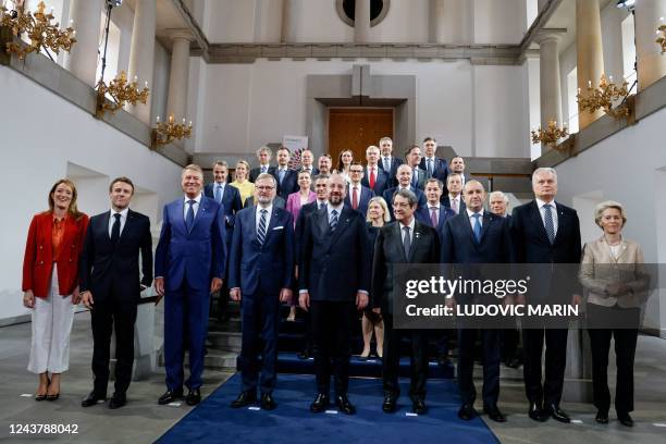 European Parliament President Roberta Metsola, France's President Emmanuel Macron, Romania's President Klaus Werner Iohannis, Czech Republic's Prime...