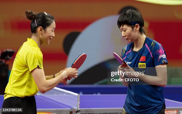 Wang Manyu of China competes against Liu Hsing-yin of Chinese Taipei during the Women's match between China and Chinese Taipei of 2022 ITTF World...