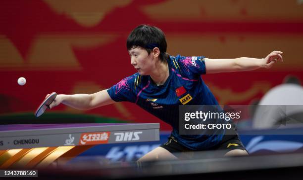 Wang Manyu of China competes against Liu Hsing-yin of Chinese Taipei during the Women's match between China and Chinese Taipei of 2022 ITTF World...