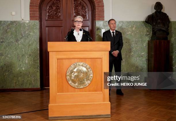 Berit Reiss-Andersen, chair of the Nobel Peace Prize Committee, speaks during a press conference to announce the winner of the 2022 Nobel Peace Prize...