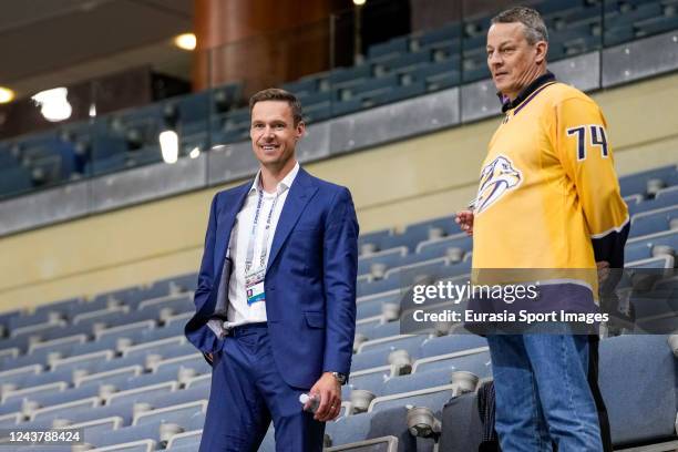 Pekka Rinne of Nashville during the practice ahead of the 2022 NHL Global Series Challenge Czech Republic match between San Jose Sharks and Nashville...