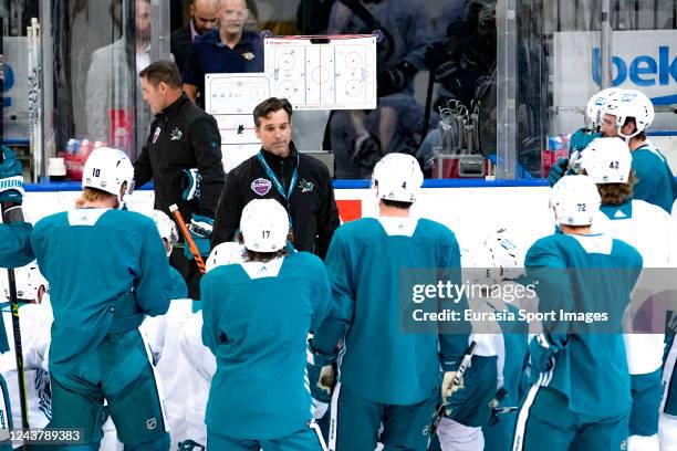 Head coach David Quinn of San Jose talking to the team during the practice ahead of the 2022 NHL Global Series Challenge Czech Republic match between...