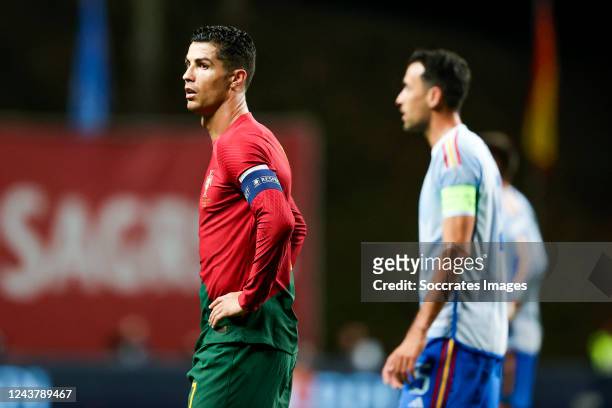 Cristiano Ronaldo of Portugal, Sergio Busquets of Spain during the UEFA Nations league match between Portugal v Spain at the Estadio Municipal de...