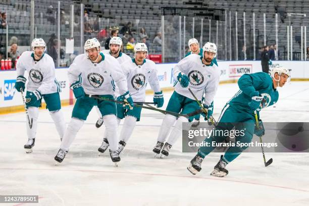 San Jose Sharks during the practice ahead of the 2022 NHL Global Series Challenge Czech Republic match between San Jose Sharks and Nashville...