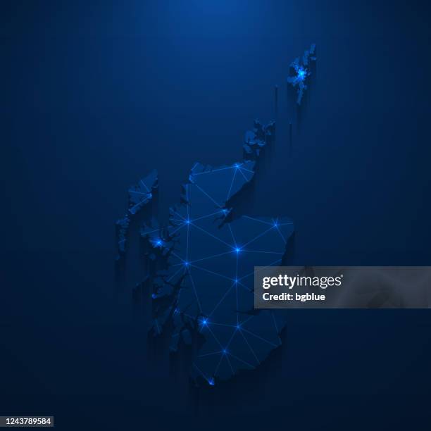 scotland map network - bright mesh on dark blue background - scotland map vector stock illustrations
