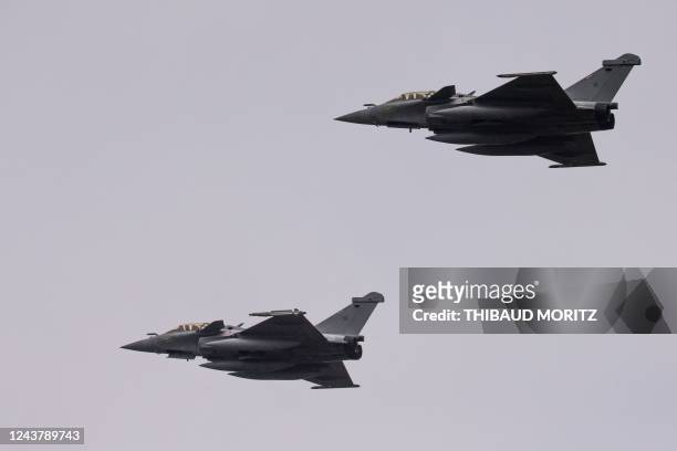 Photograph shows French Rafale fighter jets taking part in a training exercice of the French Air Force within the framework of VOLFA 2022 in...