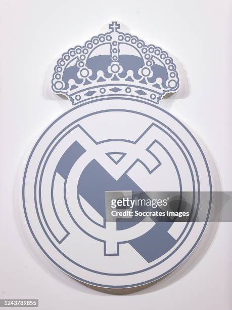 Logo of Real Madrid during the Training and press conference of Real Madrid at the Ciudad Deportiva Real Madrid on October 7, 2022 in Valdebebas Spain
