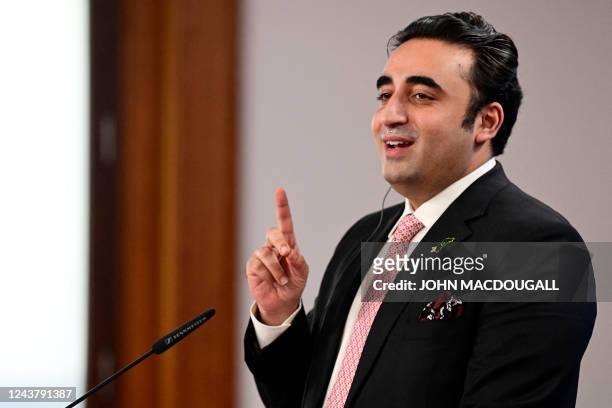 Pakistan's Foreign Minister Bilawal Bhutto Zardari reacts as he speaks during a joint press conference after meeting the German Foreign Minister in...