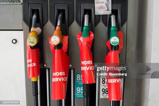 Out of order fuel pumps at a TotalEnergies SE gas station, which has run out of fuel, in the Porte de Cligancourt district of Paris, France, on...