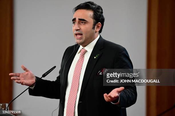 Pakistan's Foreign Minister Bilawal Bhutto Zardari speaks during a joint press conference after meeting the German Foreign Minister in the Foreign...