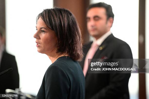 German Foreign Minister Annalena Baerbock speaks during a joint press conference with Pakistan's Foreign Minister Bilawal Bhutto Zardari after a...