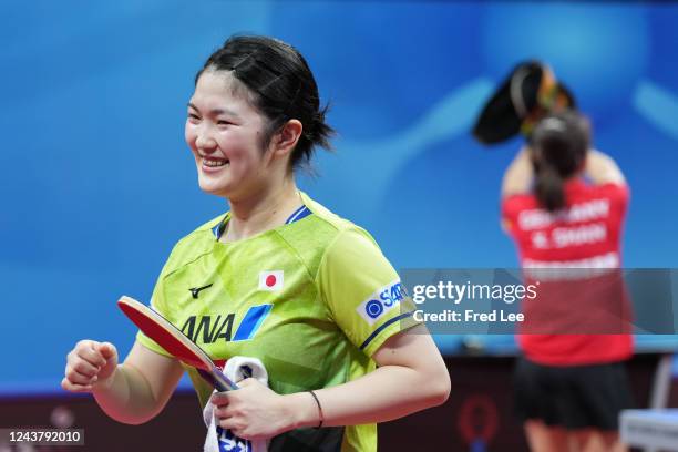 Miyuu Kihara of Team Japan celebrates victory against Xiaona Shan of Germany during 2022 ITTF World Team Championships Finals - Women's...